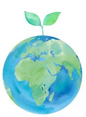 地球のエコイメージ：ヨーロッパ、アフリカ大陸、インド、サウジアラビア。水彩イラストのトレースベクター。