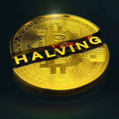 3d Illustration - Ein halbierter, goldener Bitcoin und die Botschaft Halving auf schwarzem Hintergrund - digitale Kryptowährung