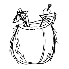 Beach cocktail in coconut line icon. Hand drawn ink vector illustration isolated on white background. Fruit icon for logotype, infographic, website or menu design.