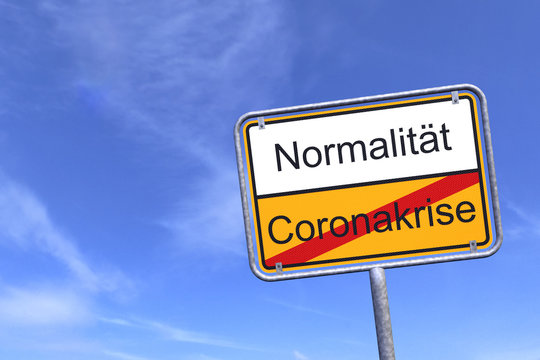 3d Illustation - Ortsschild - Ortstafel - SARS-CoV-2 - Coronakrise - Normalität - Coronavirus