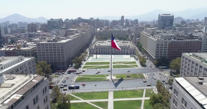 Aerial view of Palacio la Moneda in the historic center of Santiago de Chile. 4K.