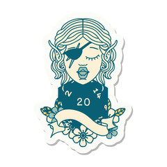 elf rogue character with natural twenty dice roll sticker