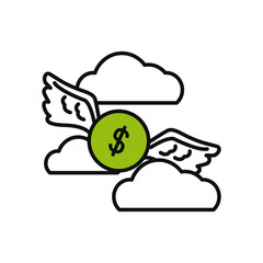 money coin with wings flying, half color half line style