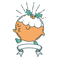 banner with tattoo style christmas pudding character walking