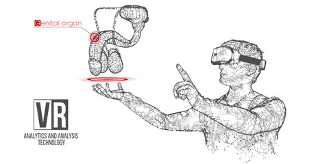 VR wireframe headset banner. Polygonal man wearing virtual reality glasses, with holographic of man genitals organ. Science, diagnostics, virtual analytics, analysis. VR games. Thank you for watching