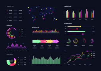 Futuristic ui infographics. Vector network management data screen with colored charts, graphic, ui panel. Interface template digital illustration on tech panel hud diagram