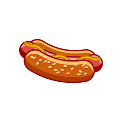 Flat hot dog illustration isolated on white background. Sandwich with ketchup and mustard. Fast food hotdog icon for poster, banner, menu, brochure, web