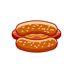 Flat hot dog illustration isolated on white background. Sandwich with ketchup and mustard. Fast food hotdog icon for poster, banner, menu, brochure, web