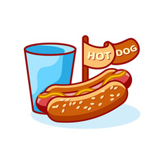 Flat hot dog and glass illustration isolated on white background. Fast food hotdog icon for poster, banner, menu, brochure, web