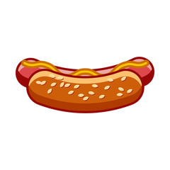 Flat hot dog illustration isolated on white background. Sandwich with ketchup and mustard. Fast food hotdog icon for poster, banner, menu, brochure, web