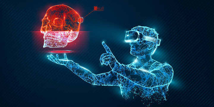 VR wireframe headset vector banner. Polygonal man wearing virtual reality glasses, with holographic of skull. Science, diagnostics, virtual analytics, analysis. VR games. Thank you for watching