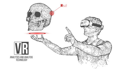 VR wireframe headset vector banner. Polygonal man wearing virtual reality glasses, with holographic of skull. Science, diagnostics, virtual analytics, analysis. VR games. Thank you for watching