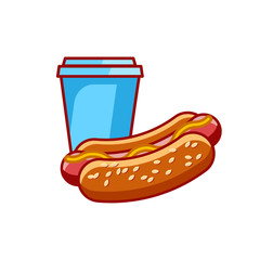 Flat hot dog and glass illustration isolated on white background. Fast food hotdog icon for poster, banner, menu, brochure, web