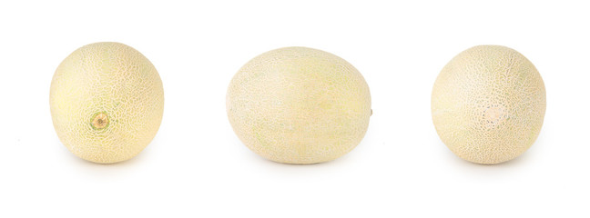 Dojrzały żółty melon na trzech ujęciach z boku, z przodu i z tyłu na białym tle