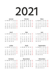 French Calendar 2021 year. Week starts Monday. Vector. France calender template. Yearly stationery organizer in minimal design. Vertical, portrait orientation. Simple illustration.