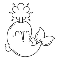 traditional black line work tattoo style happy squirting whale character