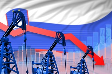 lowering, falling graph on Slovenia flag background - industrial illustration of Slovenia oil industry or market concept. 3D Illustration