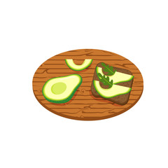Toast with avocado and lettuce. Fresh toasted bread with slices of avocado on wooden kitchen board, isolated on white background. Vector flat illustration.