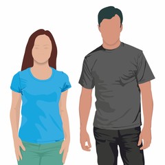 Young boy and girl in blank t-shirts on white background. Boy and girl wearing blank t-shirts isolated on white background with copy space for your logo or text.