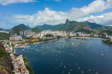 Panoramic, drone shot of Guanabara Bay in Rio de Janeiro