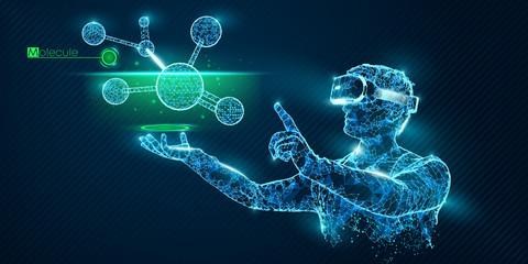 VR wireframe headset vector banner. Polygonal man wearing virtual reality glasses, with holographic of molecules. Science, diagnostics, virtual analytics, analysis. VR games. Thank you for watching