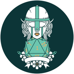crying elf fighter character face with natural one D20 roll icon