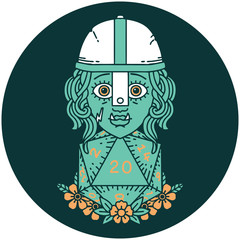 half orc fighter character with natural twenty dice roll icon