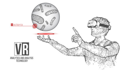VR wireframe headset vector banner. Polygonal man wearing virtual reality glasses, with holographic of bacteria. Science, diagnostics, virtual analytics, analysis. VR games. Thank you for watching