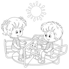 Cheerful small children playing with toys and swinging on a swing on a summer playground in a park, black and white outlined vector cartoon illustration for a coloring book page