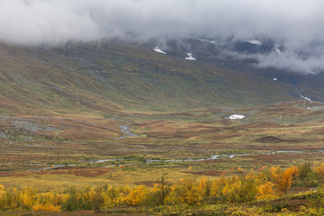View to Sarek National Park in autumn, Sweden, selective focus