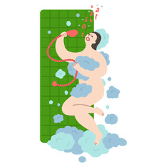 Happy young girl takes a shower and sings in the shower early in the morning. Daily life and routine by young woman at home. Flat cartoon vector illustration