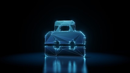 3d rendering wireframe neon glowing symbol of toolbox on black background with reflection