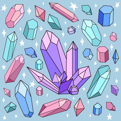 Large vector set of colored crystals and precious stones