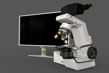 White lab microscope, system block and blank display isolated, realistic medical 3d illustration with fictional design, pharmaceutical discovery concept
