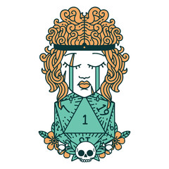 crying human barbarian with natural one D20 roll illustration