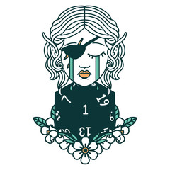 crying elf rogue character face with natural one D20 roll illustration