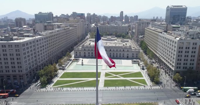 Aerial view of Palacio la Moneda in the historic center of Santiago de Chile. 4K.