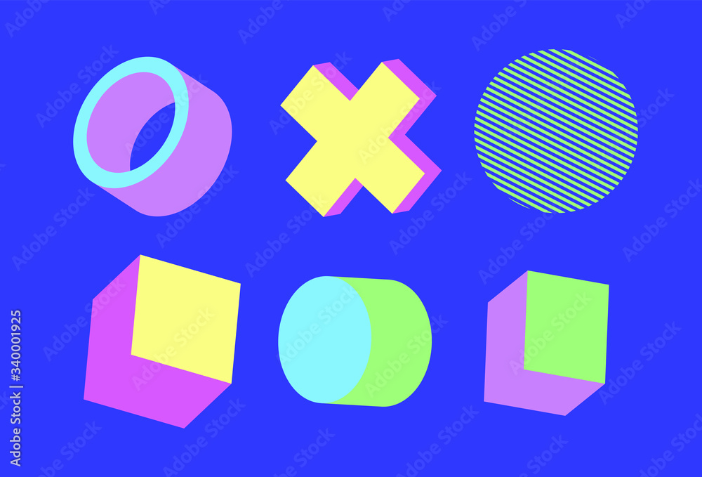 Poster set of simple geometic 3d elements in bauhaus neo-memphis retro style, colored in punchy pastel colo