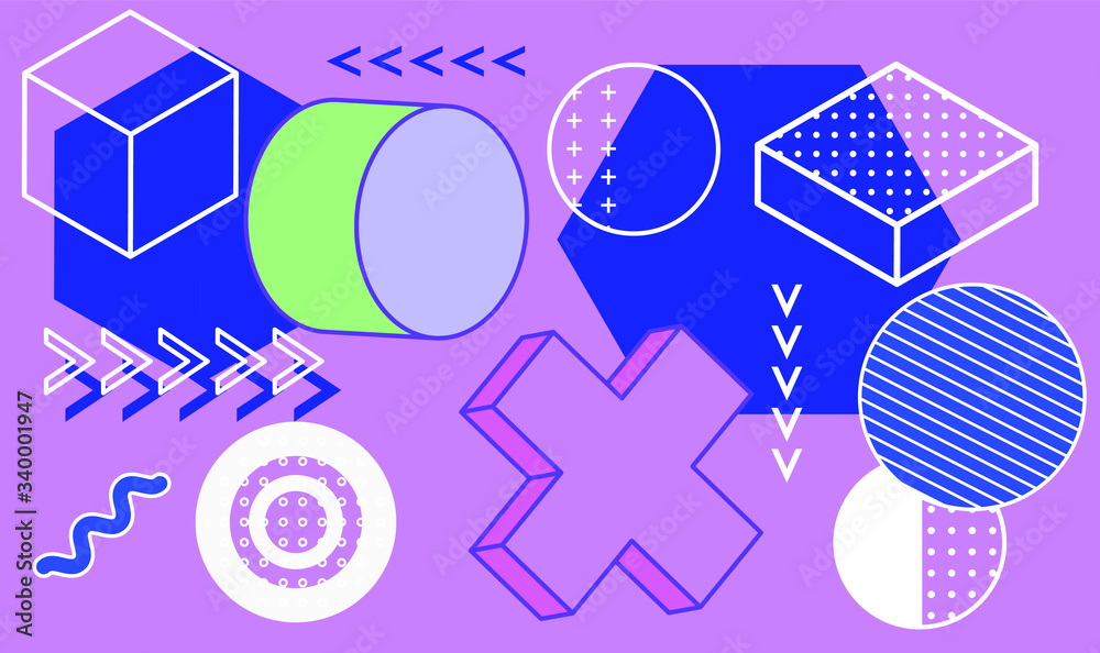 Poster set of simple geometic 3d elements in bauhaus neo-memphis retro style, colored in punchy pastel colo