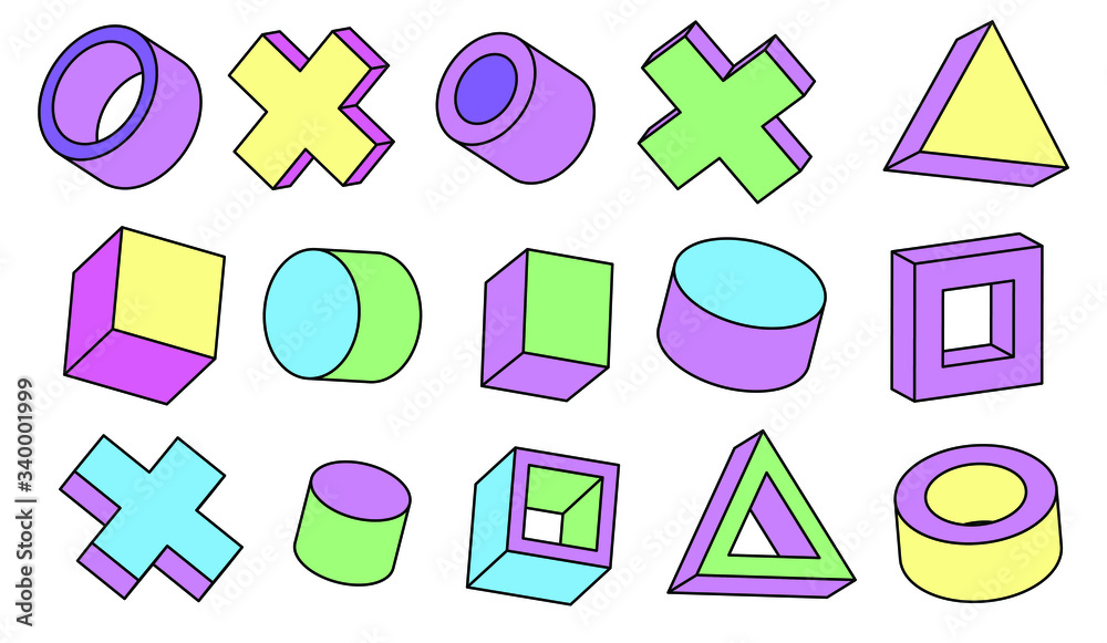 Poster set of simple geometic 3d elements in bauhaus neo-memphis retro style, colored in punchy pastel colo