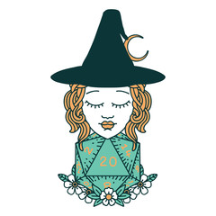 human witch with natural twenty dice roll illustration