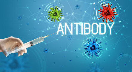 Syringe, medical injection in hand with ANTIBODY inscription, coronavirus vaccine concept