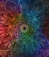 Mandala wallpaper, tracery round boho style. Ethnic ornament background. Folk, meditation design. Colored curved shape.
