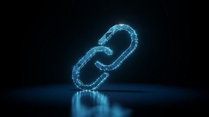 3d rendering wireframe neon glowing symbol of unlink on black background with reflection