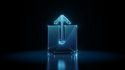 3d rendering wireframe neon glowing symbol of upload on black background with reflection