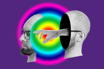 Collage of modern art. The concept of psychology. A man's head divided in half, from one part to the other stretches a hand. Purple background with rainbow circle