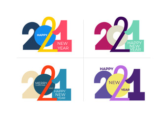 Set of 2021 text logo design. Colored Happy new year label. Business decoration sign. Brochure design template, card, banner, postcard. Vector illustration. Isolated on white background.