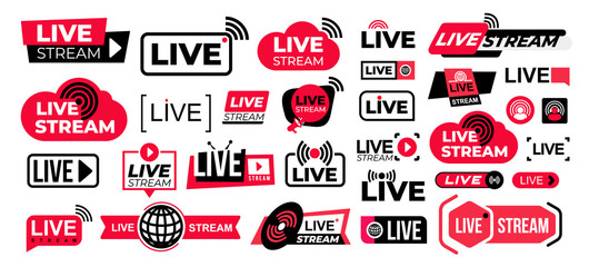 Mega set of live streaming vector icons. Red and black symbols and buttons of live streaming, broadcasting, online stream. Design for tv shows movies and live performances isolated on white background