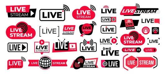 Foto op Canvas Mega set of live streaming vector icons. Red and black symbols and buttons of live streaming, broadcasting, online stream. Design for tv shows movies and live performances isolated on white background © Anatoliy