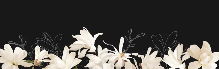 Gordijnen Floral banner, header with copy space. White magnolia isolated on dark grey background. Natural flowers wallpaper or greeting card. © RinaM